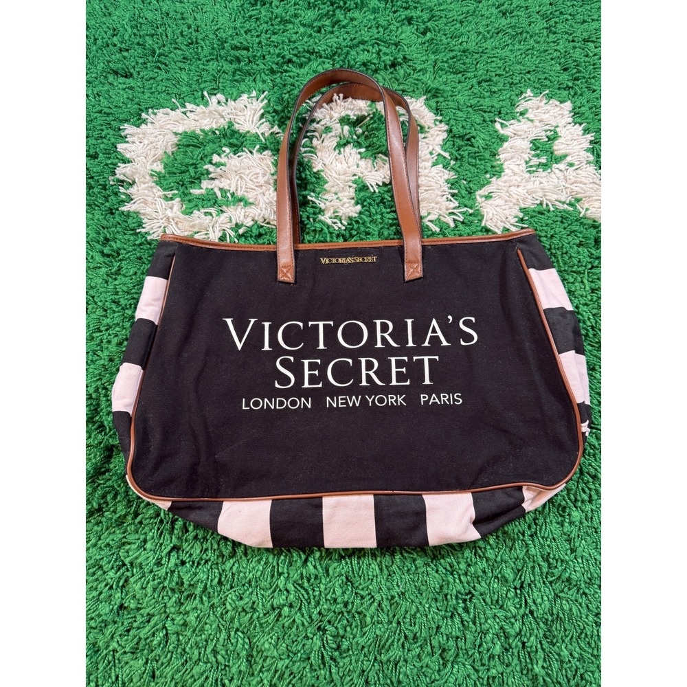 Victoria's Secret Tote Bag Womens OS Black Pink Good Canvas Striped Logo Travel